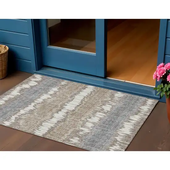 Taupe Brown And Ivory Striped Washable Indoor Outdoor Area Rug Photo 1