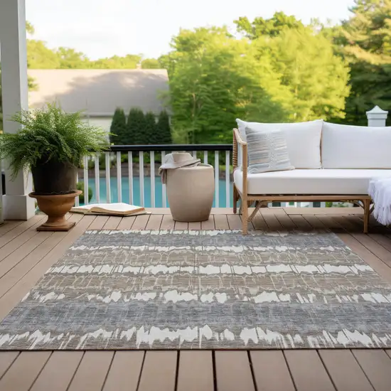 Taupe Brown And Ivory Striped Washable Indoor Outdoor Area Rug Photo 9