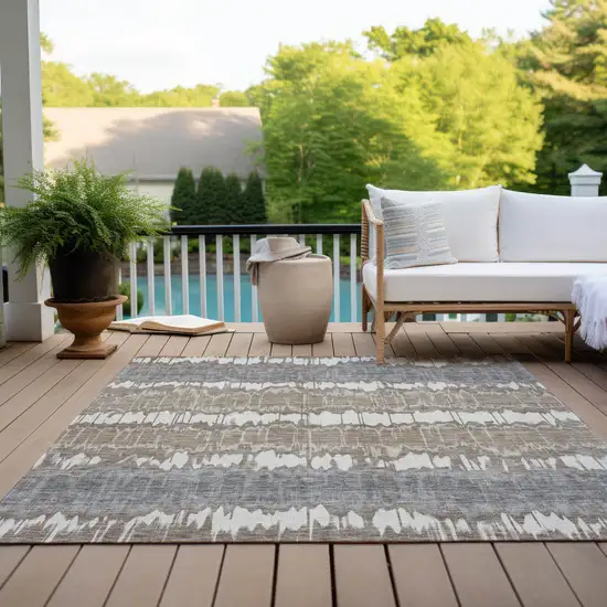 Taupe Brown And Ivory Striped Washable Indoor Outdoor Area Rug Photo 9