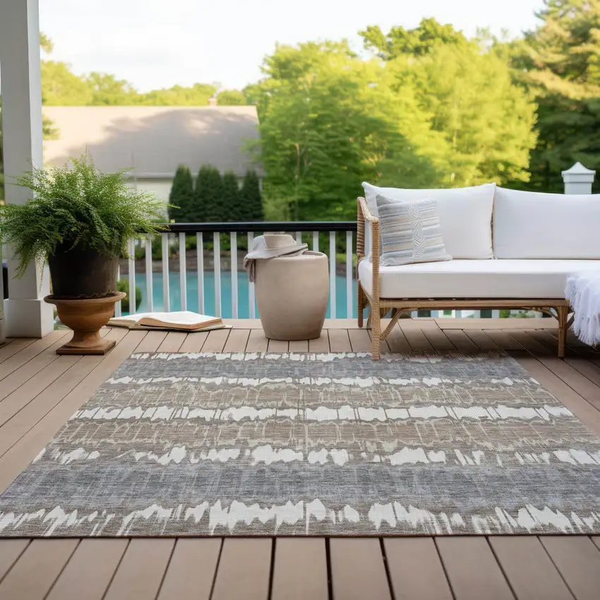 Taupe Brown And Ivory Striped Washable Indoor Outdoor Area Rug Photo 9