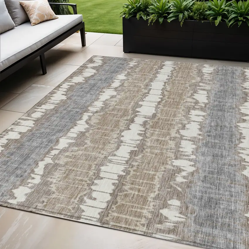 Taupe Brown And Ivory Striped Washable Indoor Outdoor Area Rug Photo 1