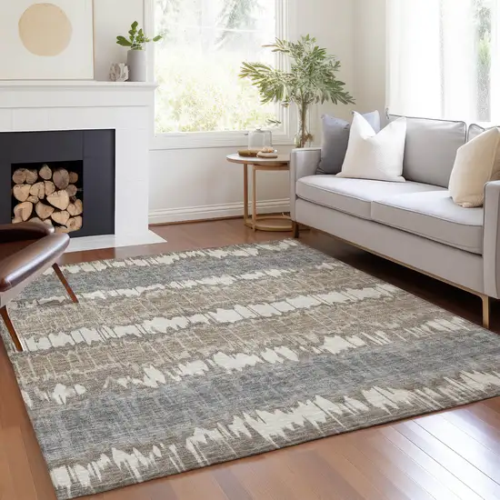 Taupe Brown And Ivory Striped Washable Indoor Outdoor Area Rug Photo 7