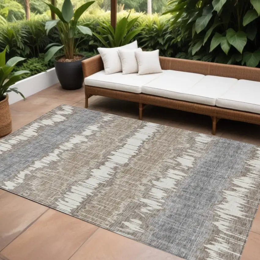 Taupe Brown And Ivory Striped Washable Indoor Outdoor Area Rug Photo 1
