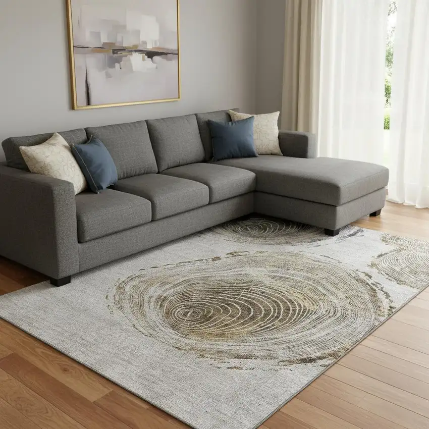 Taupe Brown And Ivory Woodland Lodge Washable Area Rug With UV Protection Photo 1