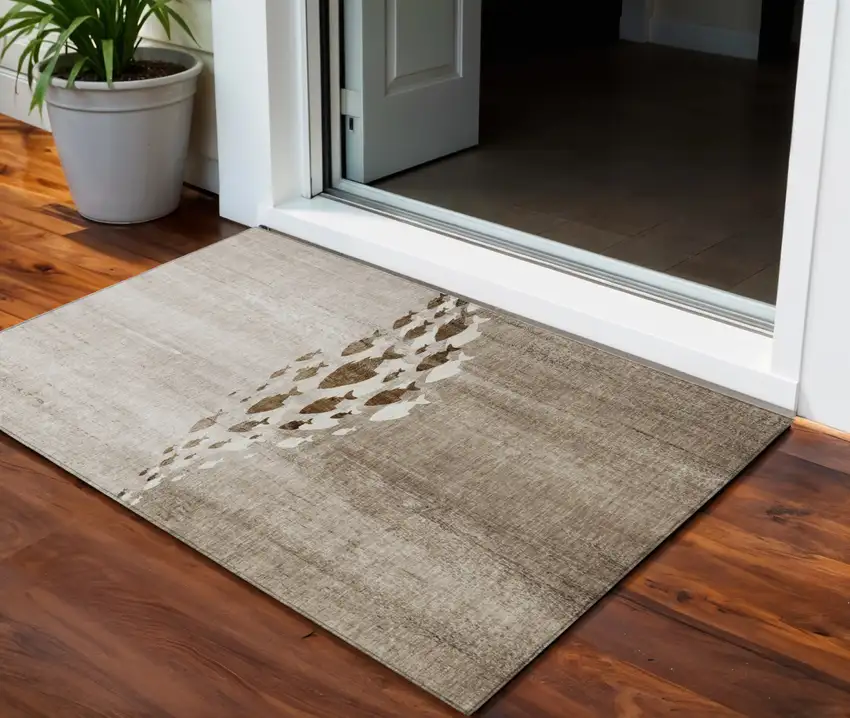 Taupe Brown And Khaki Nautical Washable Indoor Outdoor Area Rug Photo 1