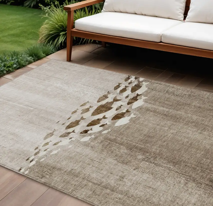 Taupe Brown And Khaki Nautical Washable Indoor Outdoor Area Rug Photo 1
