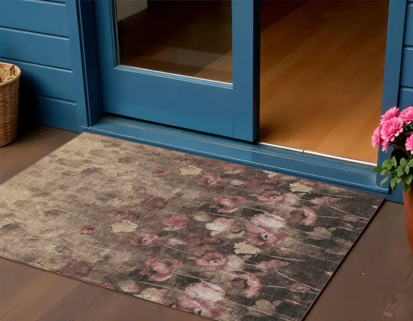 Taupe Brown And Pink Floral Washable Indoor Outdoor Area Rug Photo 1