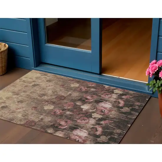 Taupe Brown And Pink Floral Washable Indoor Outdoor Area Rug Photo 1