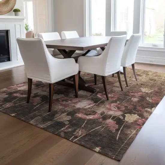 Taupe Brown And Pink Floral Washable Indoor Outdoor Area Rug Photo 9