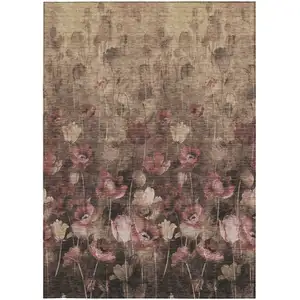 Photo of Taupe Brown And Pink Floral Washable Indoor Outdoor Area Rug