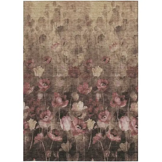 Taupe Brown And Pink Floral Washable Indoor Outdoor Area Rug Photo 7