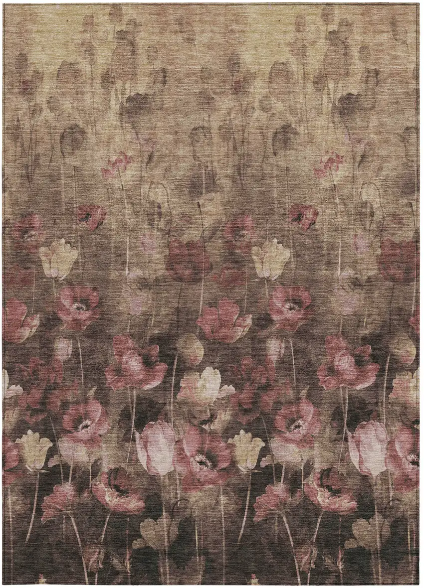 Taupe Brown And Pink Floral Washable Indoor Outdoor Area Rug Photo 7