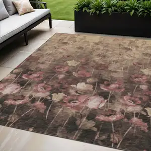 Photo of Taupe Brown And Pink Floral Washable Indoor Outdoor Area Rug
