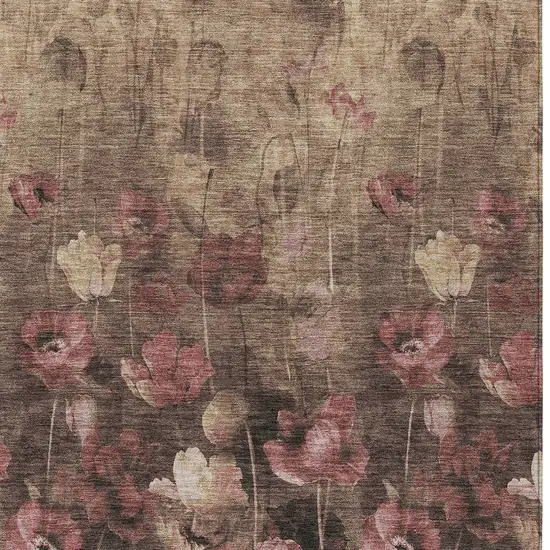 Taupe Brown And Pink Floral Washable Indoor Outdoor Area Rug Photo 6