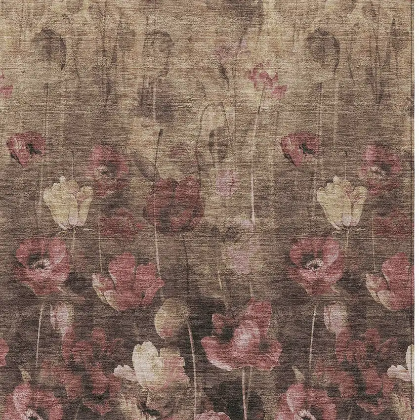 Taupe Brown And Pink Floral Washable Indoor Outdoor Area Rug Photo 6