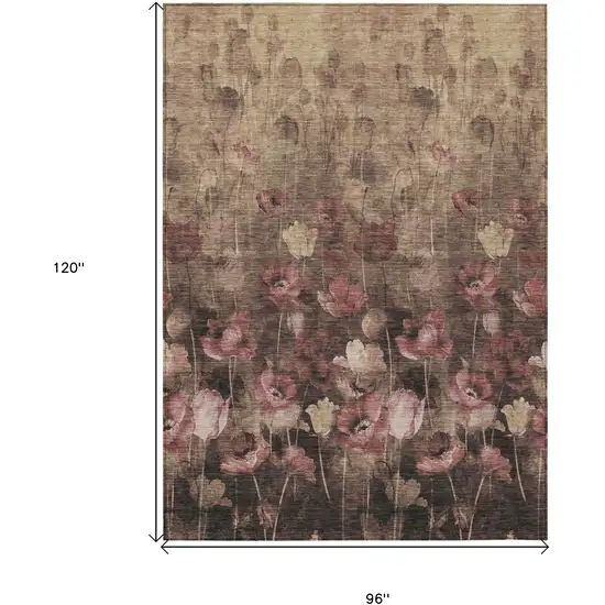 Taupe Brown And Pink Floral Washable Indoor Outdoor Area Rug Photo 3