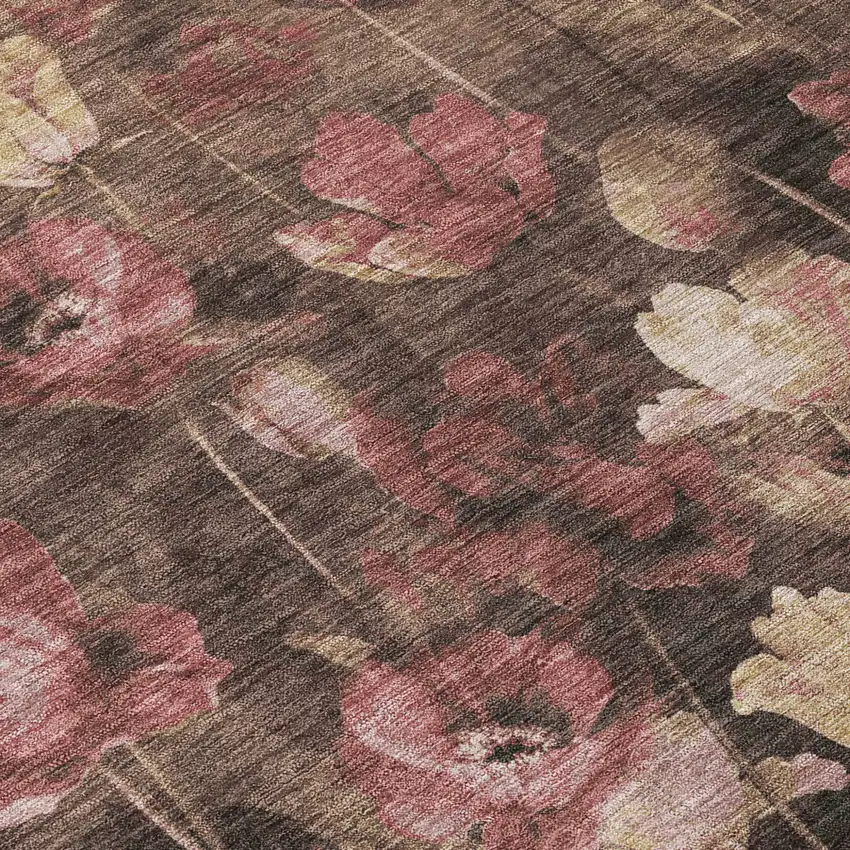 Taupe Brown And Pink Floral Washable Indoor Outdoor Area Rug Photo 5