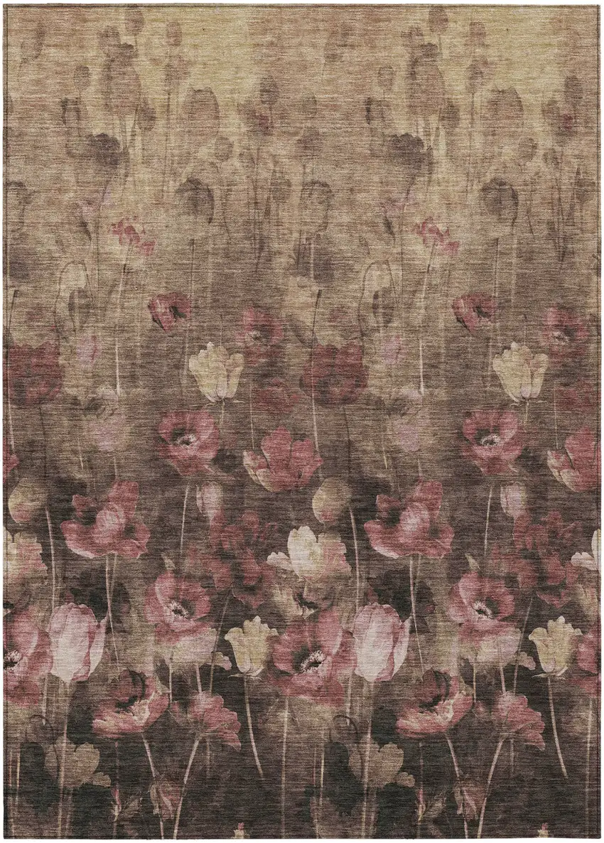 Taupe Brown And Pink Floral Washable Indoor Outdoor Area Rug Photo 2