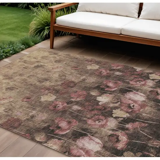 Taupe Brown And Pink Floral Washable Indoor Outdoor Area Rug Photo 1