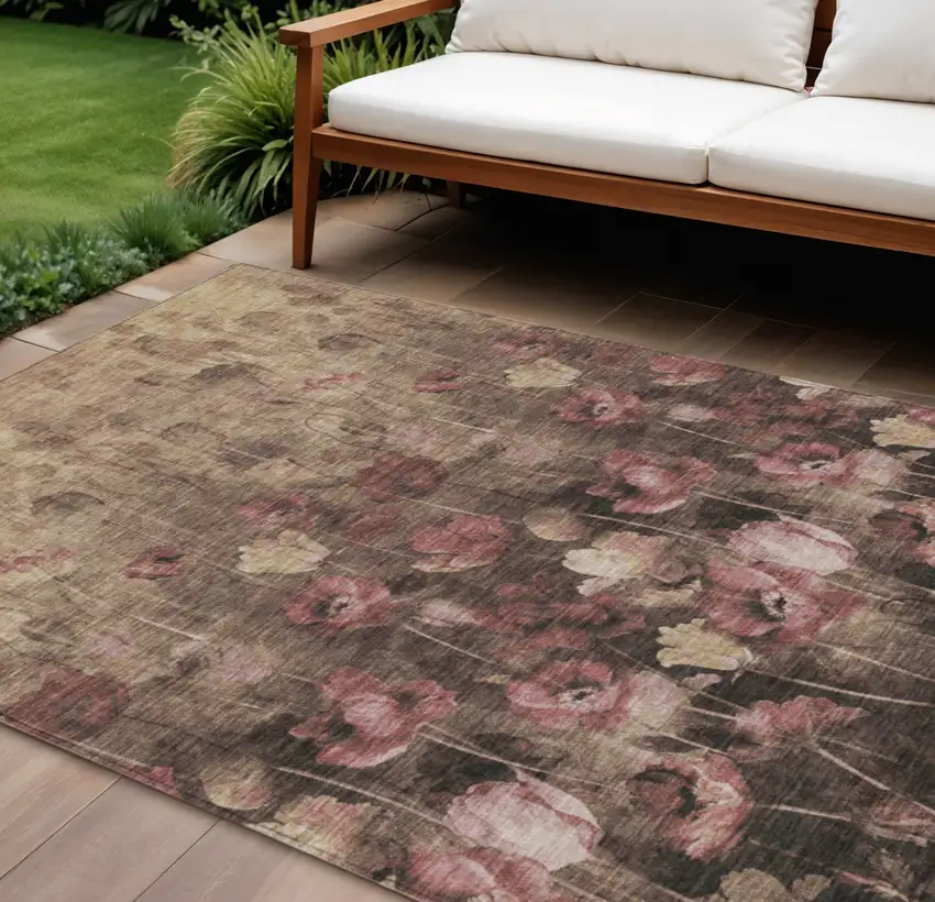 Taupe Brown And Pink Floral Washable Indoor Outdoor Area Rug Photo 1