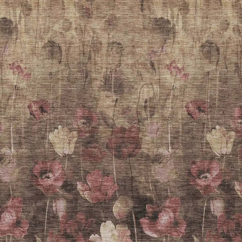 Taupe Brown And Pink Floral Washable Indoor Outdoor Area Rug Photo 7