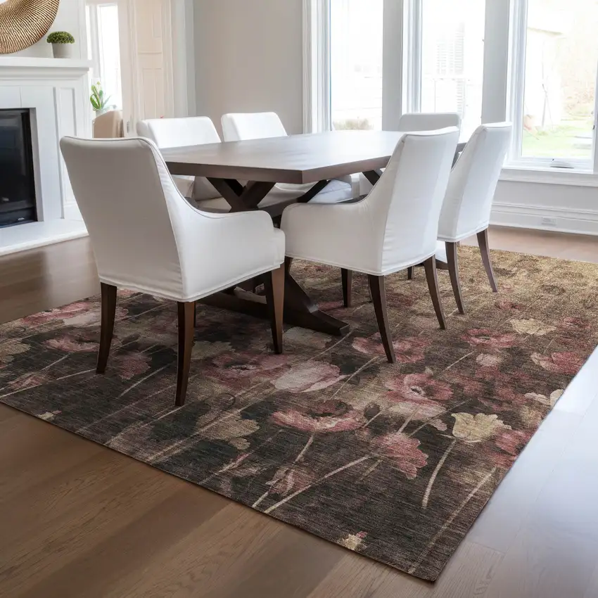 Taupe Brown And Pink Floral Washable Indoor Outdoor Area Rug Photo 9