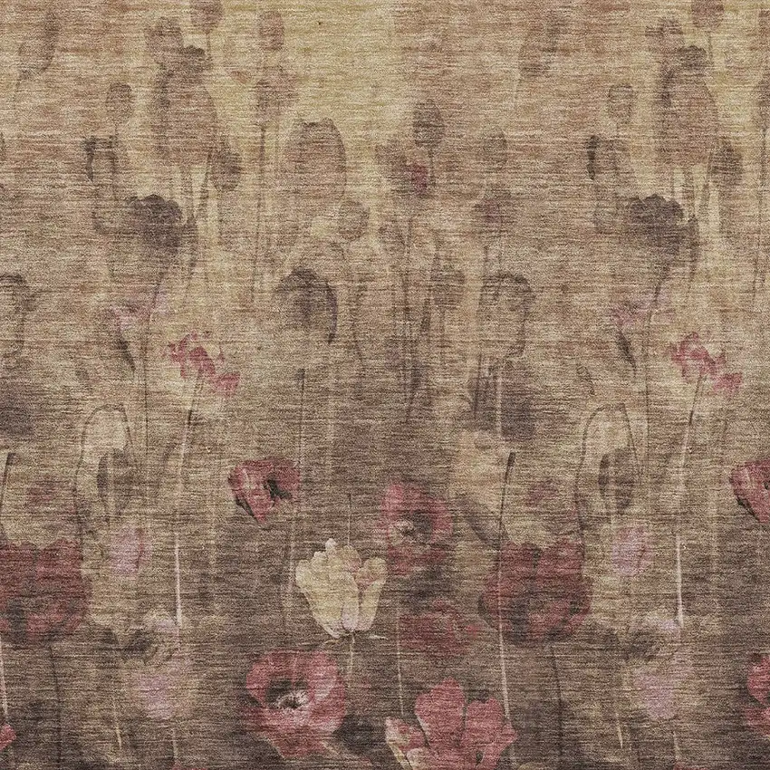 Taupe Brown And Pink Floral Washable Indoor Outdoor Area Rug Photo 6