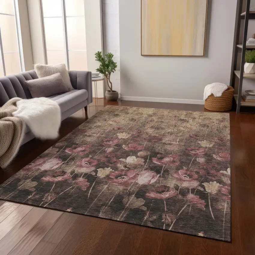 Taupe Brown And Pink Floral Washable Indoor Outdoor Area Rug Photo 9