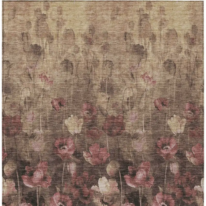 Taupe Brown And Pink Floral Washable Indoor Outdoor Area Rug Photo 7
