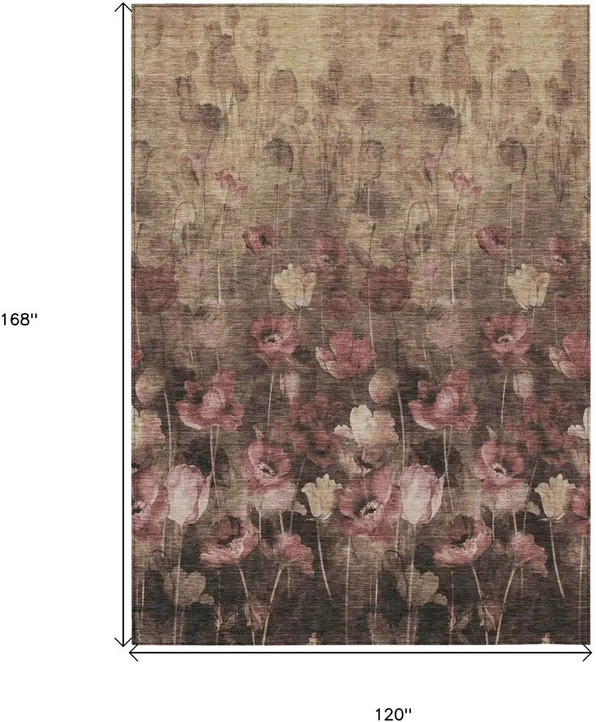 Taupe Brown And Pink Floral Washable Indoor Outdoor Area Rug Photo 3