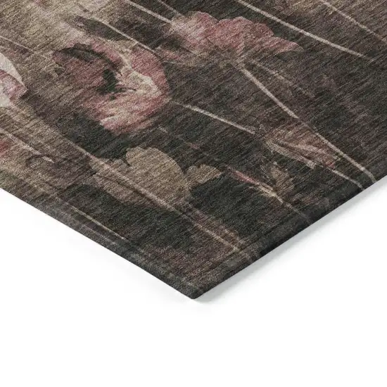 Taupe Brown And Pink Floral Washable Indoor Outdoor Area Rug Photo 4