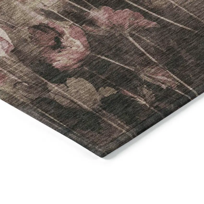 Taupe Brown And Pink Floral Washable Indoor Outdoor Area Rug Photo 4