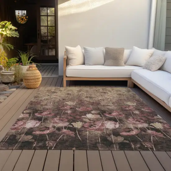 Taupe Brown And Pink Floral Washable Indoor Outdoor Area Rug Photo 8