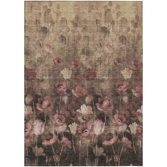 Taupe Brown And Pink Floral Washable Indoor Outdoor Area Rug Photo 2
