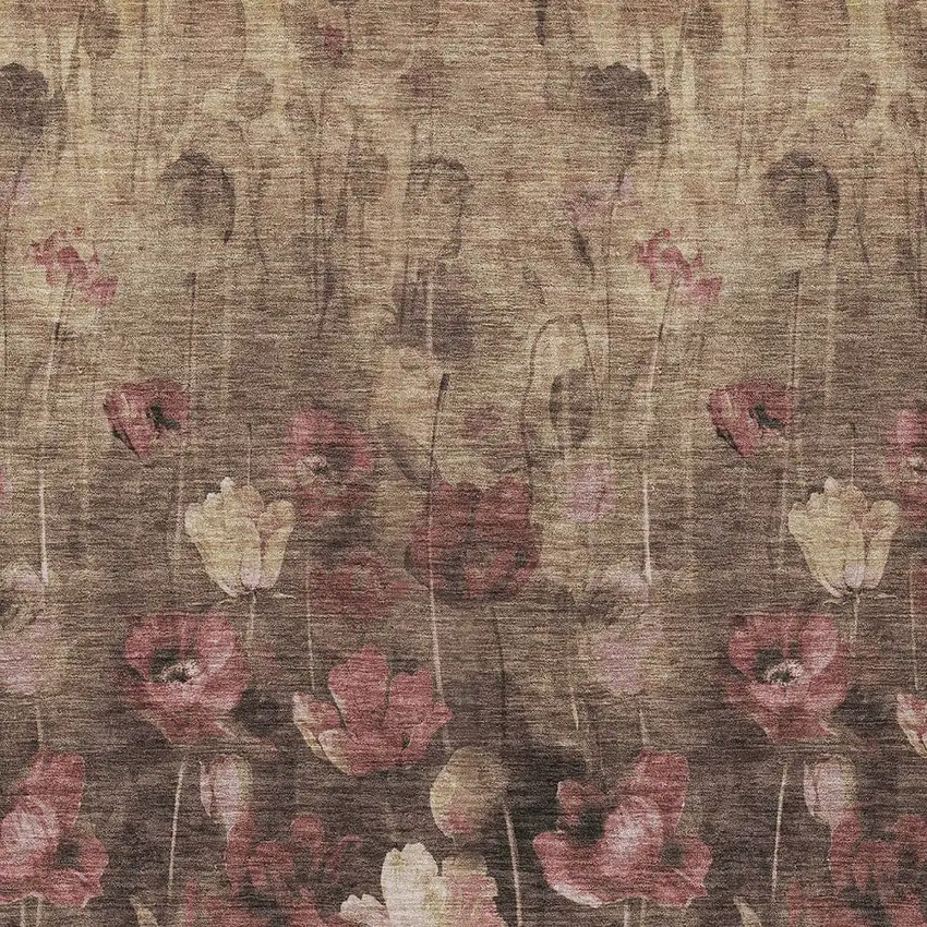 Taupe Brown And Pink Floral Washable Indoor Outdoor Area Rug Photo 6