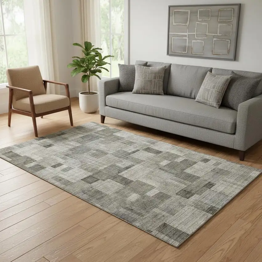 Taupe Charcoal And Beige Geometric Washable Area Rug With UV Protection Photo 1