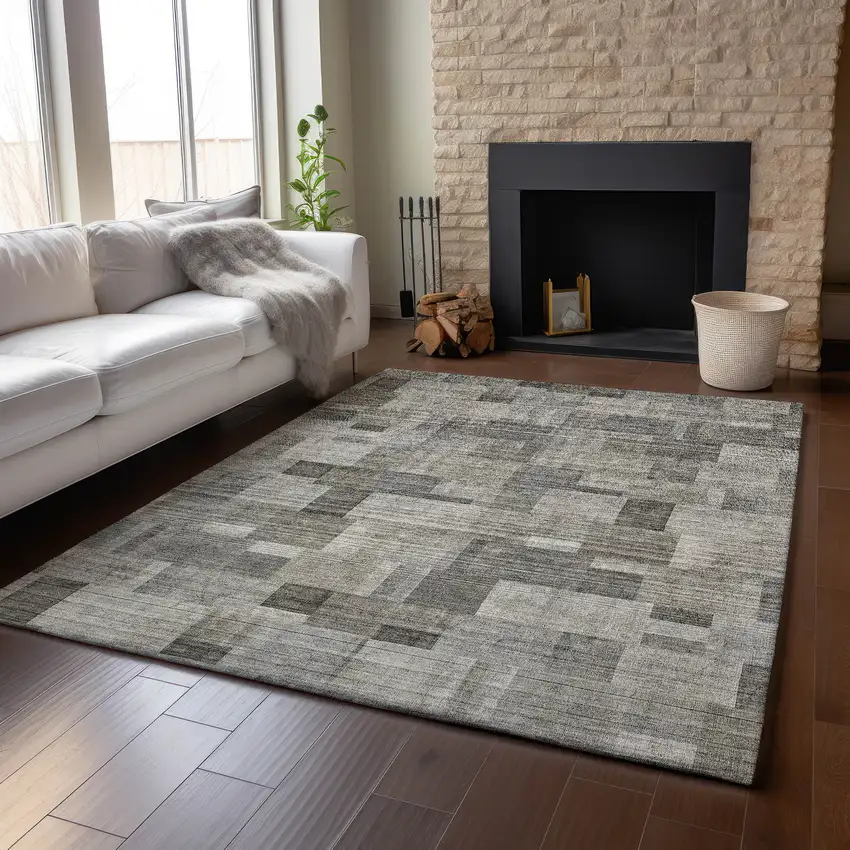 Taupe Charcoal And Beige Geometric Washable Area Rug With UV Protection Photo 4