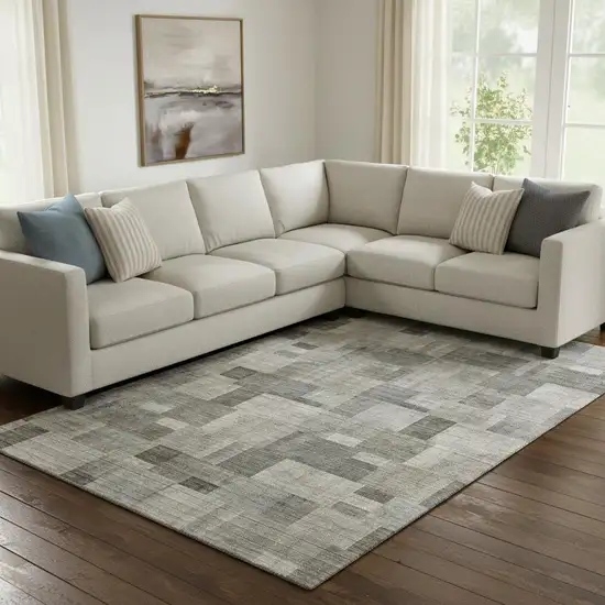 Taupe Charcoal And Beige Geometric Washable Area Rug With UV Protection Photo 1