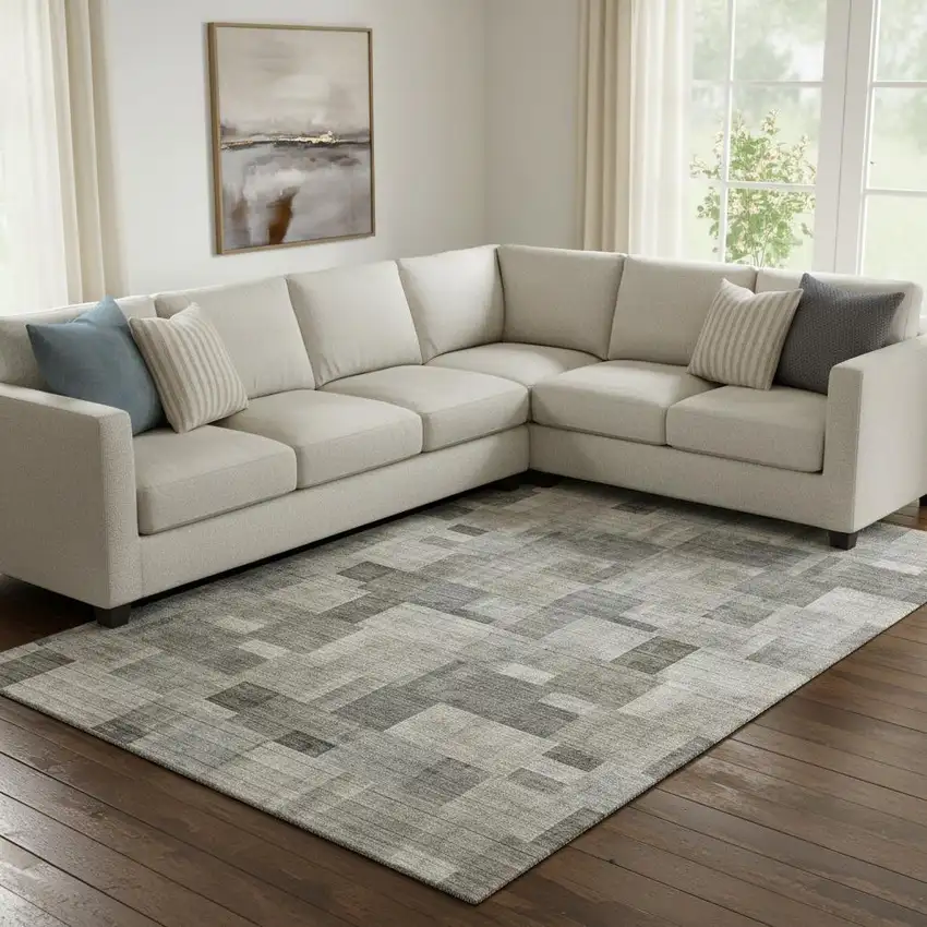 Taupe Charcoal And Beige Geometric Washable Area Rug With UV Protection Photo 1