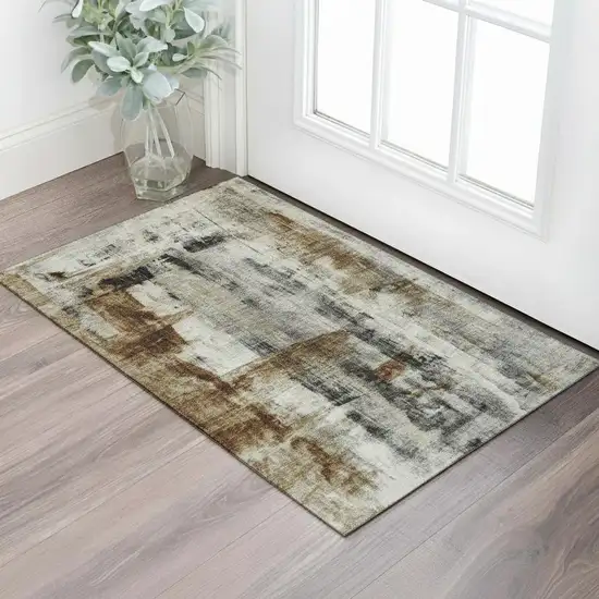 Taupe Charcoal And Brown Abstract Washable Area Rug With UV Protection Photo 1
