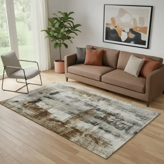 Taupe Charcoal And Brown Abstract Washable Area Rug With UV Protection Photo 1