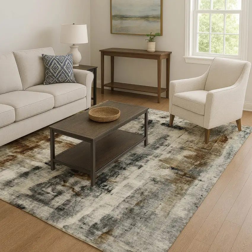Taupe Charcoal And Brown Abstract Washable Area Rug With UV Protection Photo 6