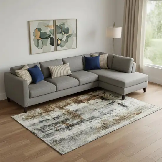 Taupe Charcoal And Brown Abstract Washable Area Rug With UV Protection Photo 1