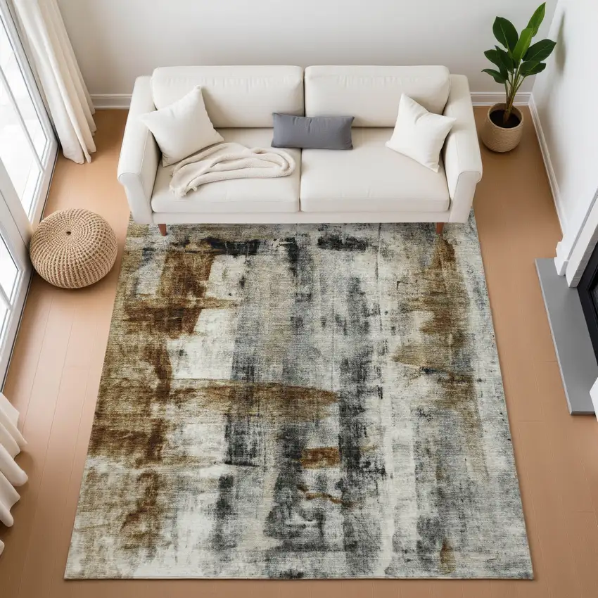 Taupe Charcoal And Brown Abstract Washable Area Rug With UV Protection Photo 5