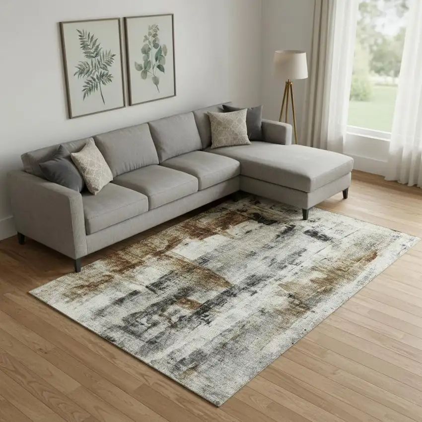 Taupe Charcoal And Brown Abstract Washable Area Rug With UV Protection Photo 2