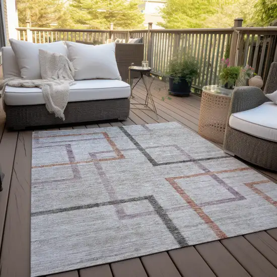 Taupe Charcoal And Copper Geometric Washable Indoor Outdoor Area Rug Photo 9