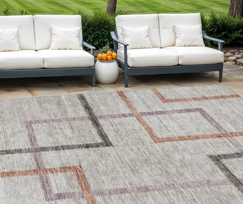 Taupe Charcoal And Copper Geometric Washable Indoor Outdoor Area Rug Photo 1