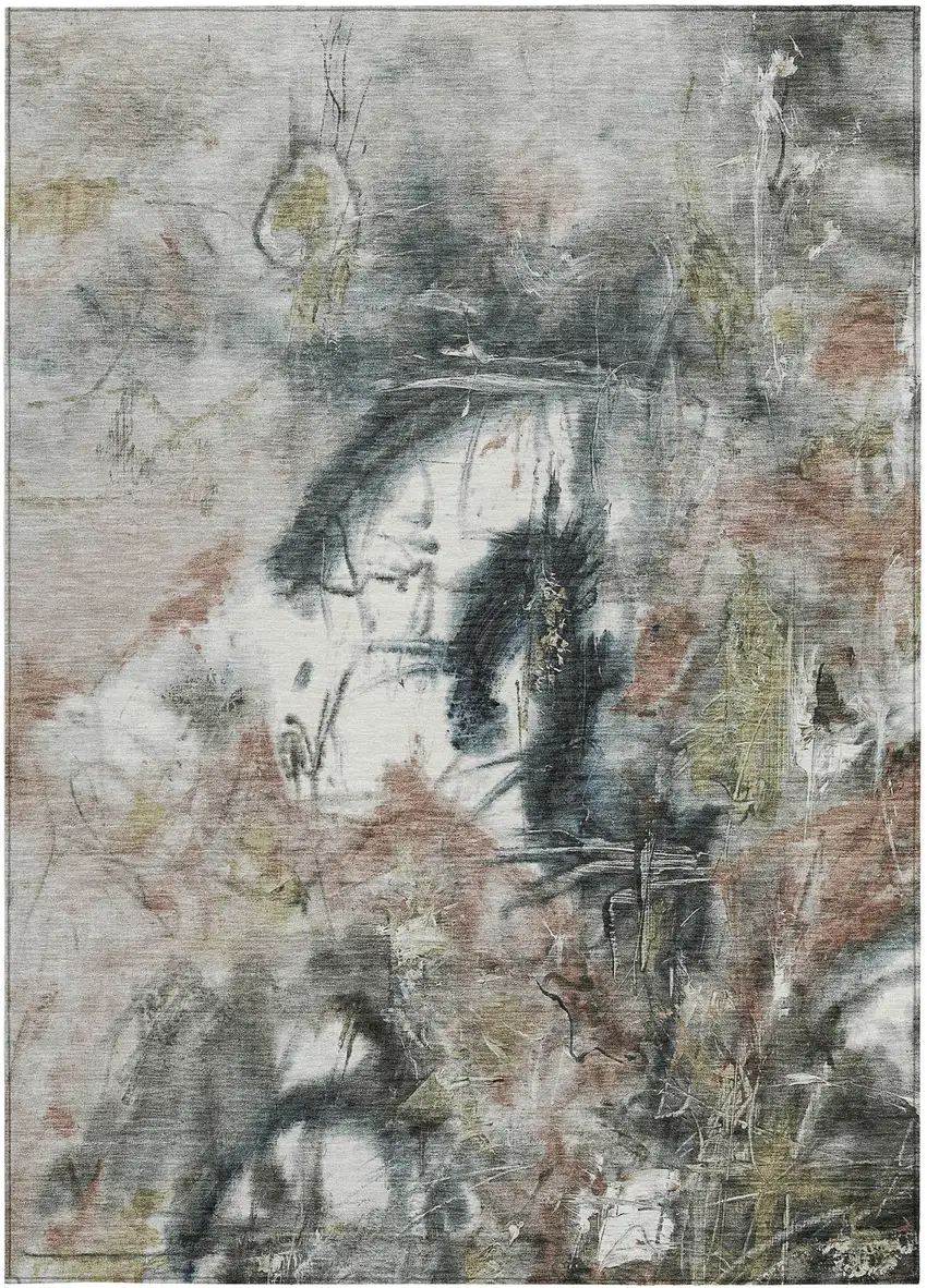 Taupe Charcoal And Green Abstract Washable Indoor Outdoor Area Rug Photo 4