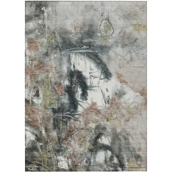 Taupe Charcoal And Green Abstract Washable Indoor Outdoor Area Rug Photo 1