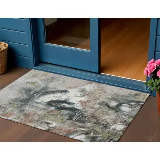 Taupe Charcoal And Green Abstract Washable Indoor Outdoor Area Rug Photo 2